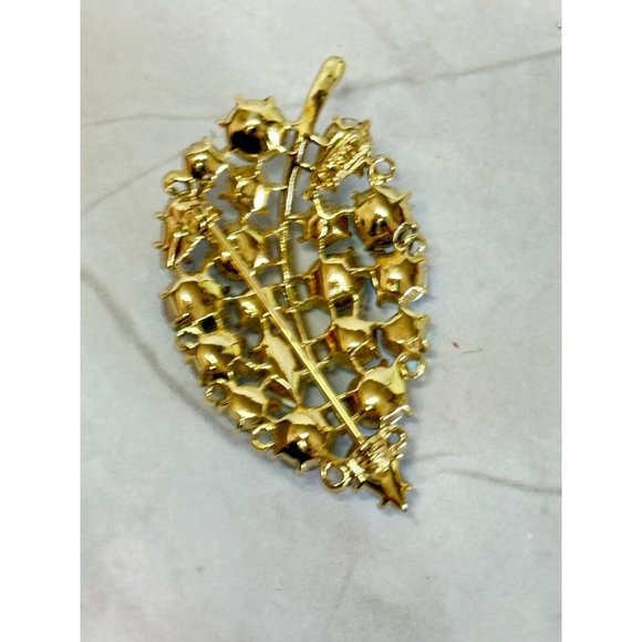Vintage Lisnore Blue AB Iridescent Leaf Brooch Gold Rhodium Signed - Picture 5 of 8